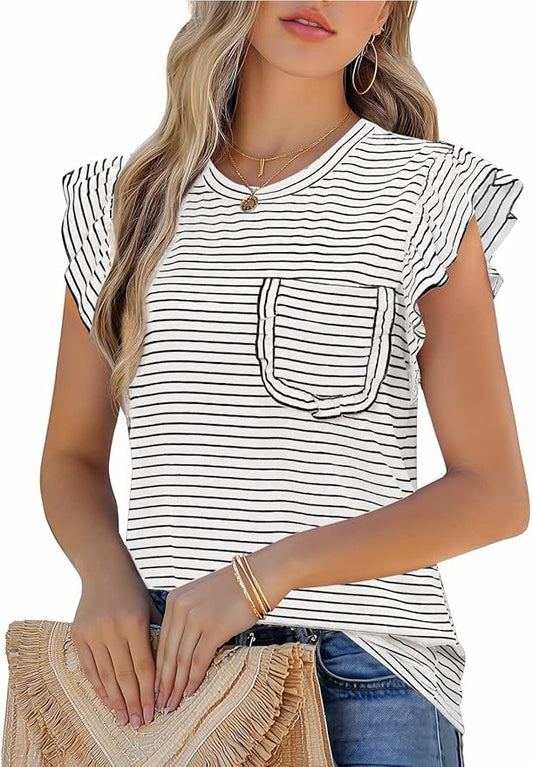 JUSTFASHIONNOW Womens Summer Tops Striped T-Shirts 2026 Ruffle Short Sleeve Crew Neck Casual Blouses with Pocket by Justfashionnow