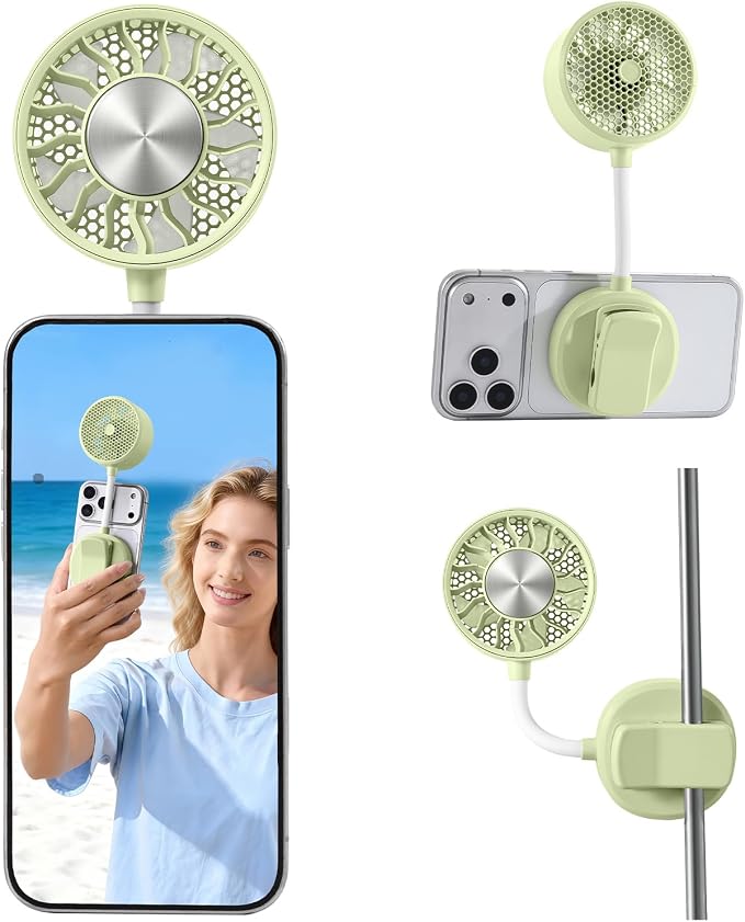 Magnetic Phone Fan with Ice Cooling, 3-in-1 Clip on Fan & Phone Stand, Rechargeable Mini Handheld Fan, 360° Flexible Gooseneck Portable Fan for Cruise Travel Desk Gym Makeup（Green） - Image 8