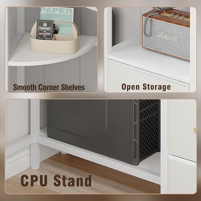 VENNQD Corner Desk with 6 Drawers Shelves for Small Space Computer Desk with Power Outlets,Gaming Desk with Printer Monitor Stand Storage for Home Office Workstation Writing Table (White, 31.5) - Image 5