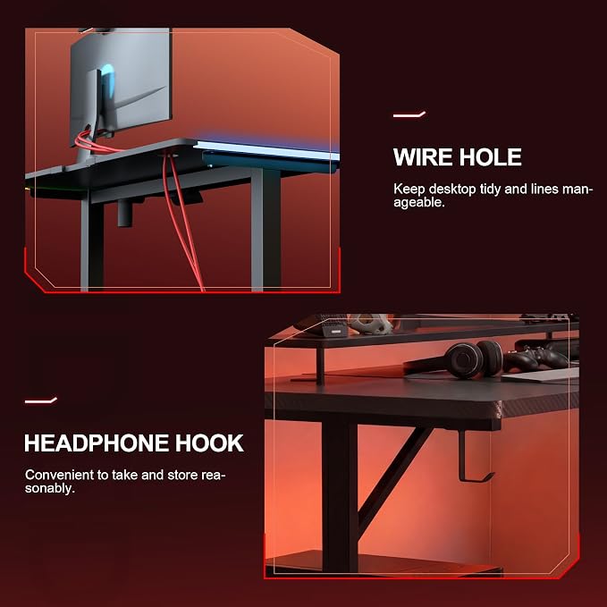GTPLAYER Gaming Desk 55 Inch with LED Lights, Large Computer Desk with Mouse Pad for Home Office, T-Shaped Carbon Fibre Surface PC Game Workstations with Headphone Hook - Image 7