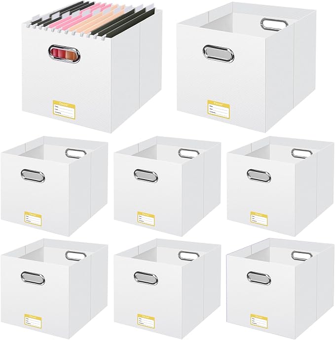 BALEINE File Organizer Box, Cardboard File Folder Organizer with Handle for Letter Size, Portable Collapsible Hanging Filing Box for Home Office Document Storage (8 Pack, Large White) by BALEINE