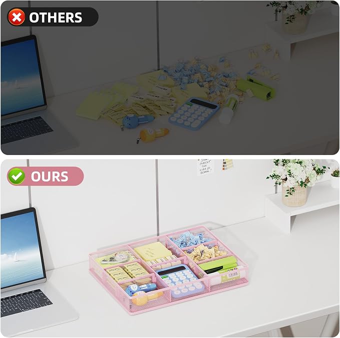 Marbrasse 2P Pink Desk Drawer Organizer, Metal Mesh Drawer Organizer Tray with 5 Adjustable Compartments,Desk Organizers and Accessories for Home,Office,Kitchen,Makeup,Vanity (Pink) - Image 6