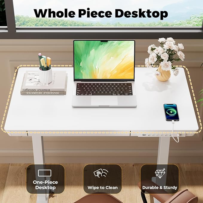 32" Electric Standing Desk with Drawer, Rolling Laptop Desk | Height Adjustable Quick Install One-Piece Tabletop with USB Charging Ports, Sit Stand Computer Desk for Small Space, White - Image 6