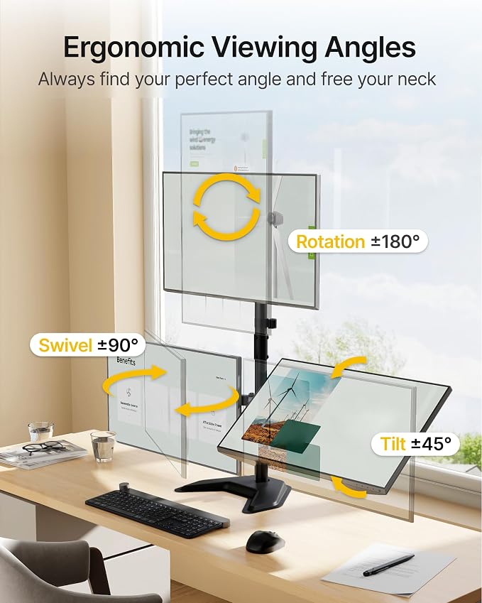 monTEK Freestanding Triple Monitor Stand for 17-32" Screens, 22 lbs Each | Solid V-shaped base, three-screen full-motion arms, height adjustment, tilt, swivel, rotation and VESA 75/100 - Image 3