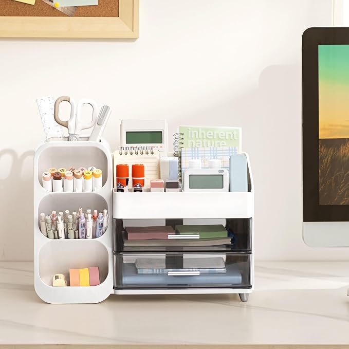 HBlife Desk Organizer with Pen Pencil Holder for Desk, Pen Organizer with 2 Drawers, Desk Organizers and Accessories with 4 Compartments, Desktop Storage for Office Home School Art Supplies, White - Image 3