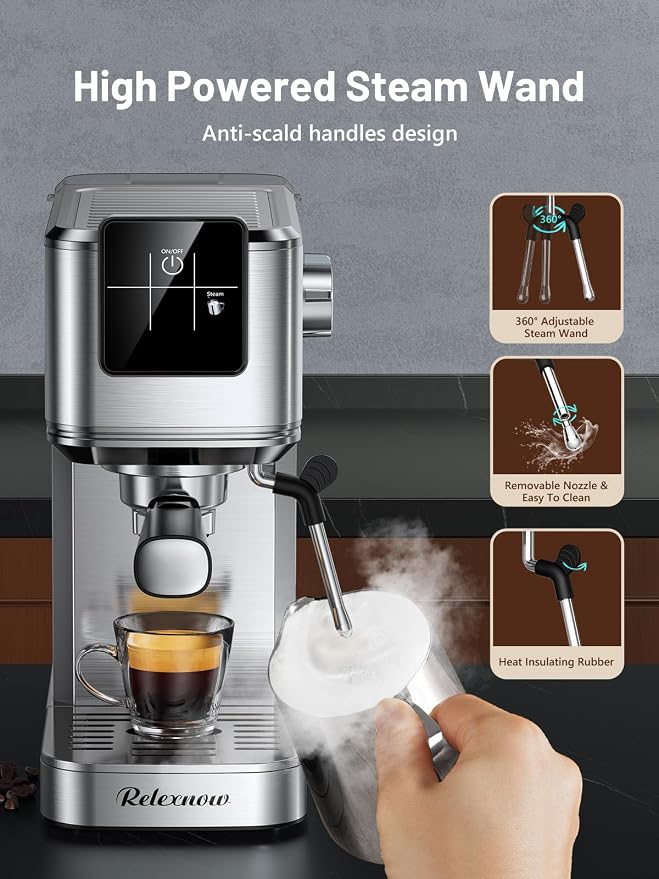 RELEXNOW Espresso Machine, 20 Bar Espresso Maker Milk Frother & LCD Panel, Hot & Iced Coffee Machine, Stainless Steel Espresso Coffee Machine with 41oz Water Tank for Cappuccino, Latte - Image 6