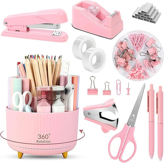 SKYDUE Pink Desk Accessories 10Pcs, Rotating Pen Holder for Desk, Stapler, Staple Remover, Tape Dispenser,2pcs Tape Refills, Binder Paper Clips Kit, Scissor,Pink Office School Supplies by SKYDUE