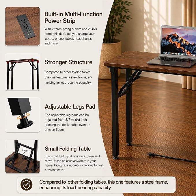 Folding Table Computer Desk - 43.3" No Assembly Folding Desk with Power Outlets & USB Charging Port, Small Desk, Foldable Office Desk, Compact Storage Portable Use for Small Space, Dark Walnut - Image 8