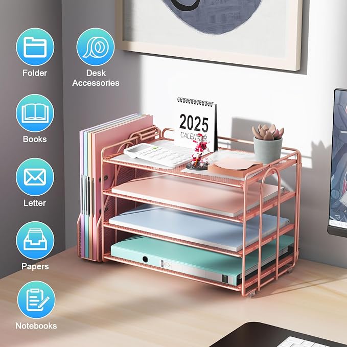 gianotter 4-Tier Paper Organizer With Magazine Holder | Desk Organizers and Accessories, File Organizer for Office Supplies Storag (Rose Gold, 4-Tier) - Image 2