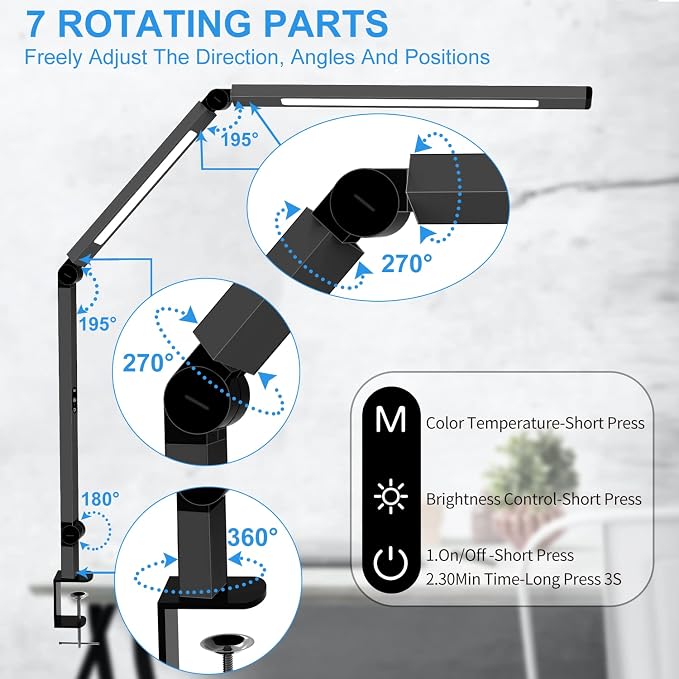 LED Desk Lamp with Clamp, Architect Desk Lamp for Home Office with Remote Control, Swing Arm Clamp on Computer Light, Clip-on Eye-Care Adjustable 5 Brightness Levels Table Light for Working Drafting - Image 2
