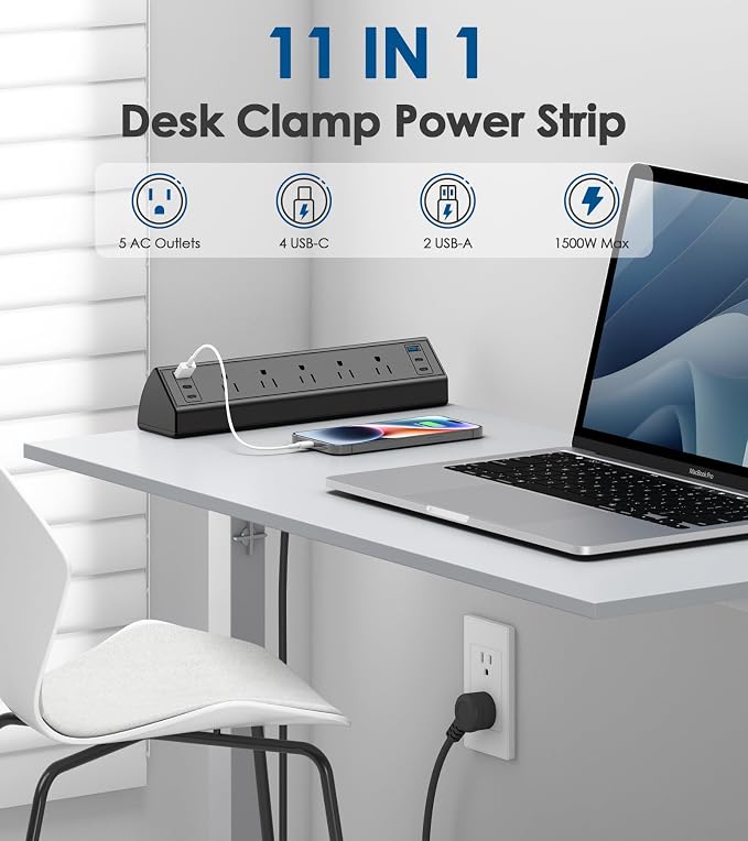 Jgstkcity Desk Clamp Power Strip USB C,40W Total Fast Charging Station,4 PD 20W USB C Ports,Desk Edge Mount Surge Protector,5 Outlets,Fit 1.96" Tabletop Edge,ETL Listed | 1200J,Total 40W Charging Hub,5 Outlets & 6 USB, 6FT Extension Cord, Fits 1.96" De... - Image 4