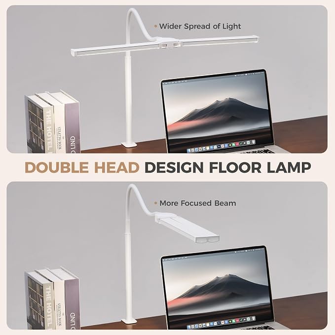Voncerus LED Desk Lamp for Home Office, Double Head Desk Light with Clamp | 3 Modes 10 Brightness, Long Flexible Goose-Neck, Eye-Caring, Memory Function, Energy Efficient, USB Adapter, Metal, White - Image 2
