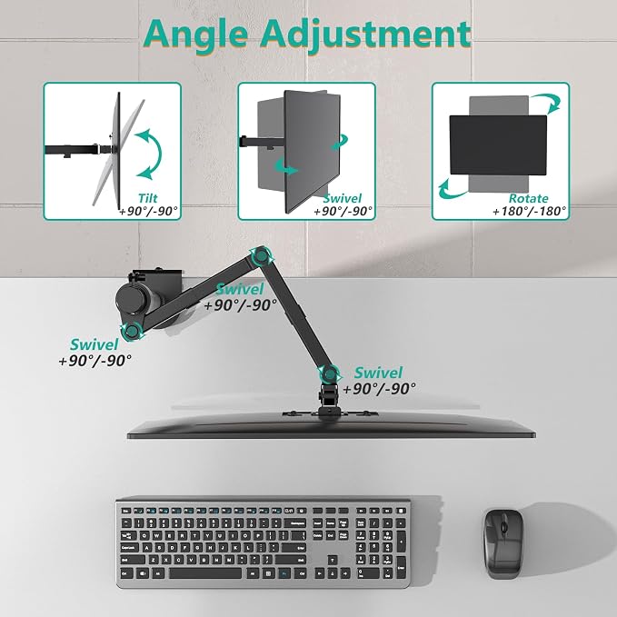 WALI Single Monitor Mount, Single Monitor Arm Desk Mount, Up to 32 inch Ultrawide, Regular Screens up to 27 inches, 22lbs, Adjustable Mount with C-CLAMP for Home Office Application(M001), Black - Image 6