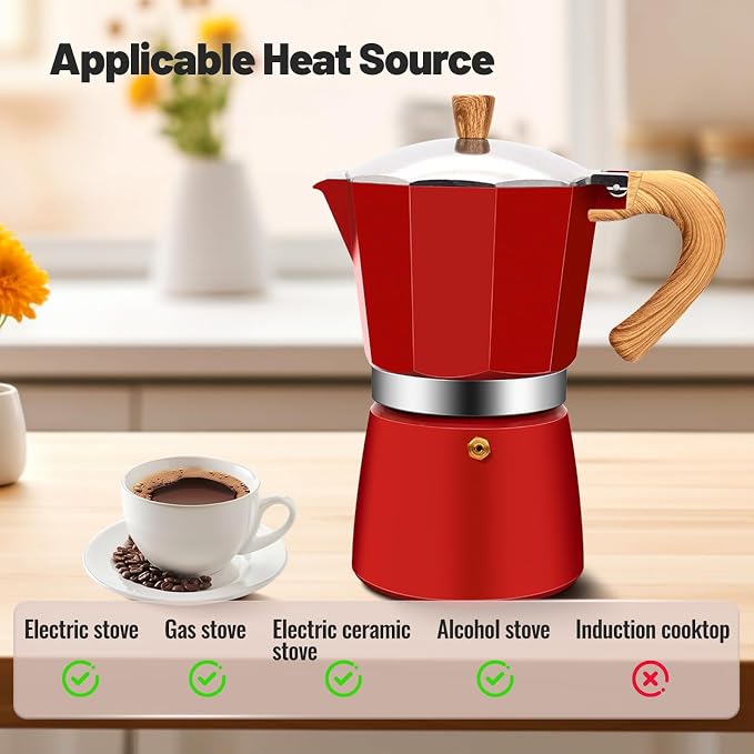 12 Cup Aluminum Moka Pot Classic Stovetop Espresso Coffee Maker 600ml 20oz Coffeemaker Percolator Mocha Pot Greca Coffee Maker Cafe Makers for Italian and Cuban Café Brewing Red - Image 4