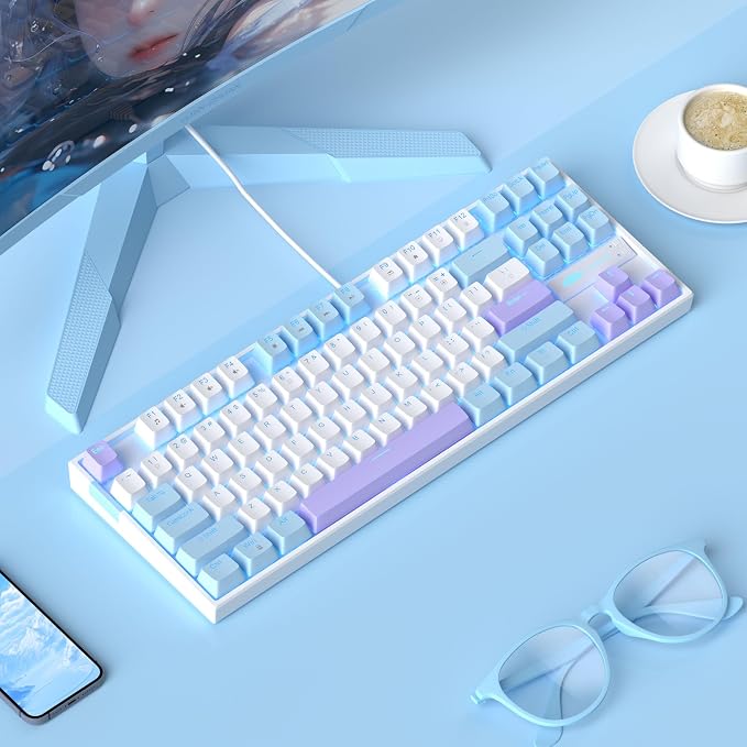 MageGee 75% Mechanical Gaming Keyboard, Red Switch, LED Blue Backlit, 87 Keys Compact TKL Wired Keyboards for Windows Laptop PC Gamer - White/Blue - Image 8