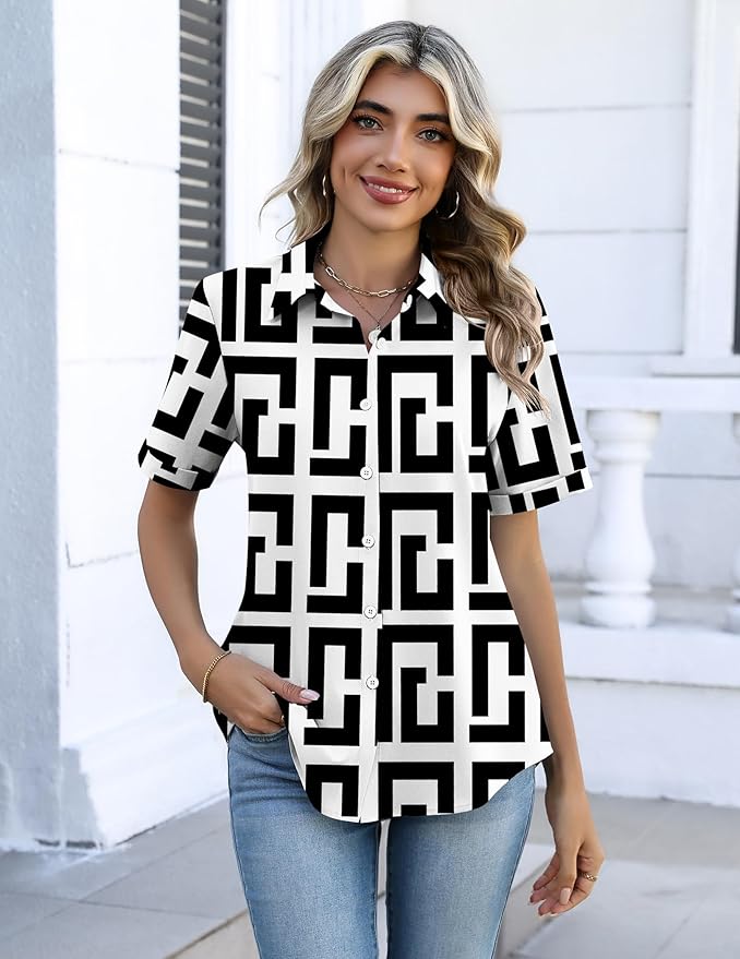 Zeagoo Button Down Shirts for Women Short Sleeve Collared Tops Dressy Casual V Neck Blouses - Image 5