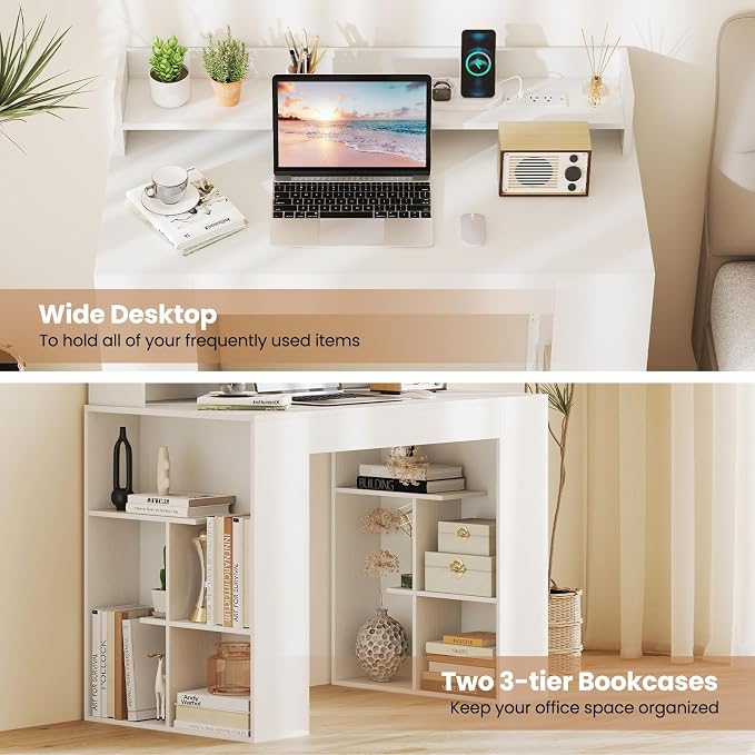 Giantex White Desk with Storage Shelves, 43" Home Office Computer Desk with Charging Station, Dual 3 Tier Bookshelf & Monitor Stand, PC Table Workstation, Modern Study Writing Desk for Bedroom, Dorm - Image 6
