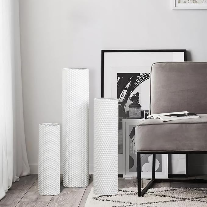 Dnnnii Tall Floor Vases Set of 3 - White Metal Cylinder Vases for Living Room Corner, Modern Honeycomb Texture, Extra Large Standing Decor (Tallest 27.6in, Home Bedroom Dining Decor) - Image 5
