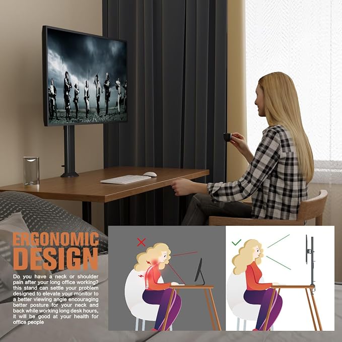 HEMUDU Single Tall Desk Monitor Arm Mount Stand Fit for 27 inch to 42 inch Flat Curved Computer Screen with Swivel, Height Adjustable, Rotation,Holds up to 77lbs, Black - Image 5