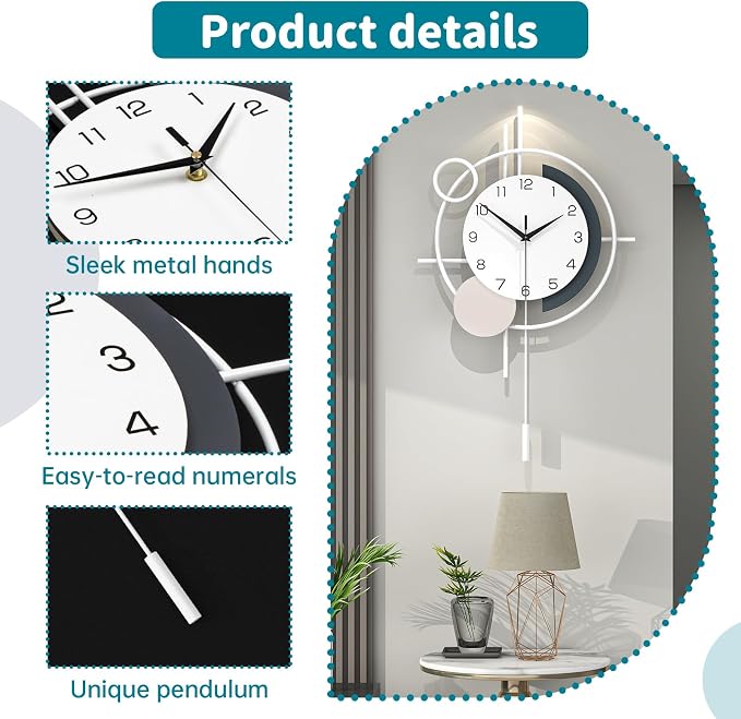 Large Decorative Wall Clock Silent Non-Ticking Quartz Battery Operated Pendulum Wall Clock for Living Room Kitchen Office Bathroom Bedroom Home Wall Art 17.7x27.3 inch - Image 5
