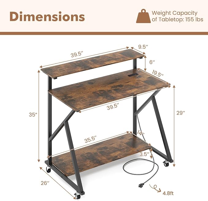 Giantex Rolling Computer Desk with Charging Station, Mobile Portable Laptop Desk with Monitor Stand & Storage Shelf, Small Desk with Lockable Wheels for Small Spaces, Home Office (Rustic Brown) - Image 3