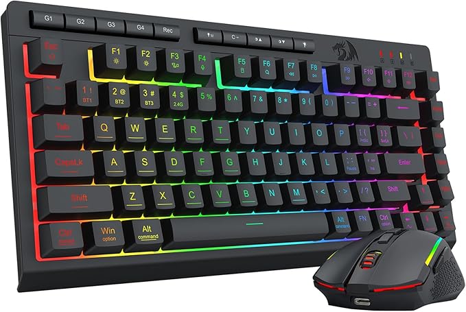 Redragon Wireless Gaming Keyboard and Mouse Combo, 75% Portable, Black | Bluetooth/2.4G/USB-C Wired, RGB Backlit, Quiet Rechargeable Macro Membrane Keyboard & 12800 DPI Mouse for Win/MAC by REDRAGON