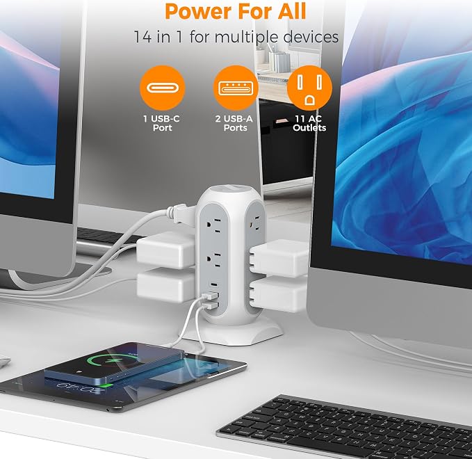 TESSAN Tower Power Strip Flat Plug with 1050J Surge Protection, 15 Ft, Grey | 11 Outlets 3 USB (1 USB C), Surge Protector Power Tower, Extension Cord with Multiple Outlets, Dorm, Office Desk Supplies - Image 3