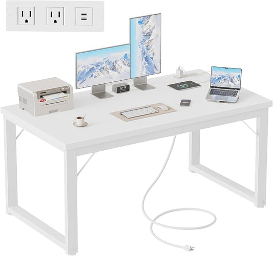 Mericonia 48 Inch Computer Desk with Power Outlets, 1.2" Thick Office Table | Modern Simple Style, Heavy Duty Industrial Frame, Small Study & Writing Table for Home Bedroom Work, White by MERICONIA