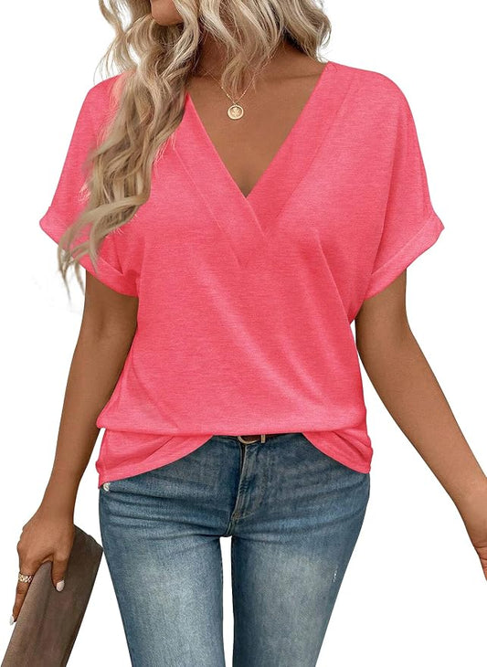 T Shirts Short Sleeve V Neck Tees Womens Tops Beach Vacation Fashion Clothes 2026 Casual Summer Spring Fall Outfits by EyMuseWomensTops