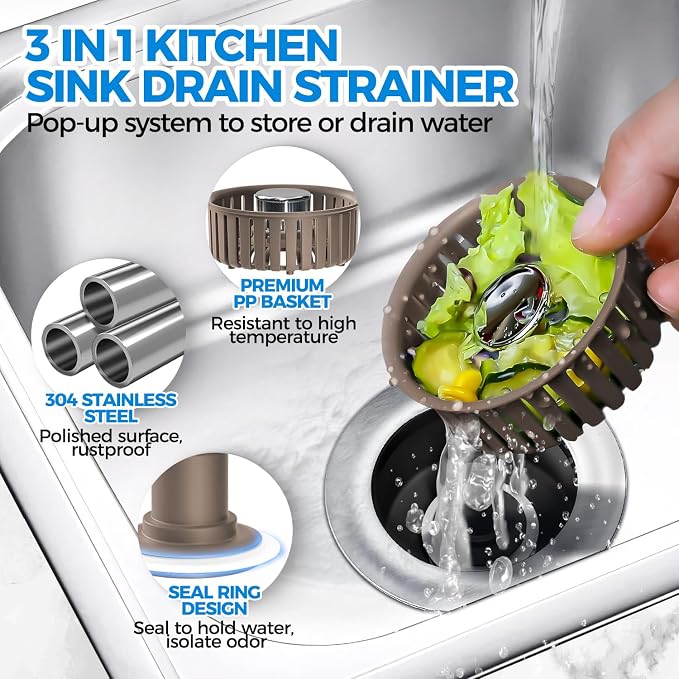 zaa 3 in 1 Kitchen Sink Drain Strainer Stopper Removable Basket Pop-Up | Kitchen Sink Accessories 1 Pack Brown Stainless - Food Catcher, Odor-Blocking Seal, Fits 3.5" Drain, Easy Clean - Image 2