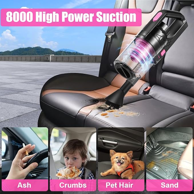 Car Vacuum Cordless Rechargeable, 8000PA High Power Handheld Vacuum Cleaner with 17PCS Car Cleaning Kit, Pink Auto Accessories for Women Gift - Image 2