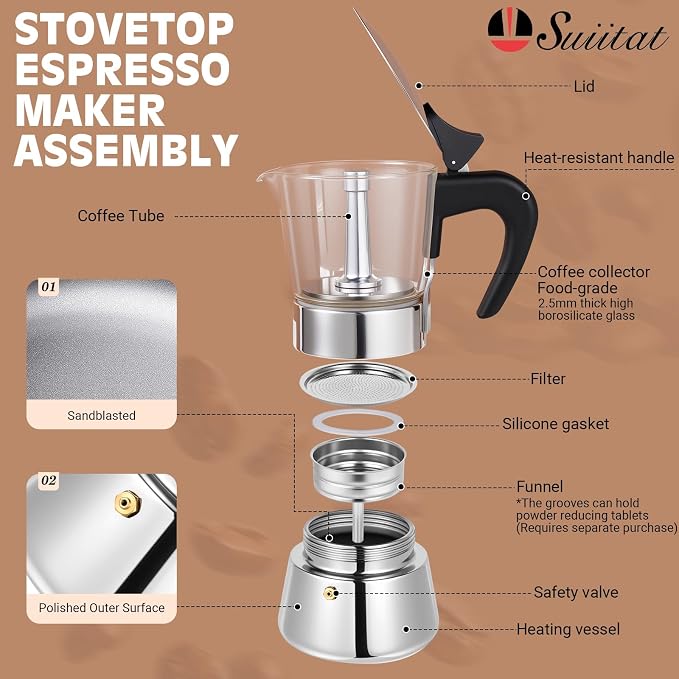 6 Cup 300ml Glass Moka Pot, Stovetop Espresso Maker, Silver | Crystal Glass-top & Stainless Steel Coffee Maker, Induction Compatible, for Greca de Cafe, Cuban and Italian Coffee Brewing - Image 2