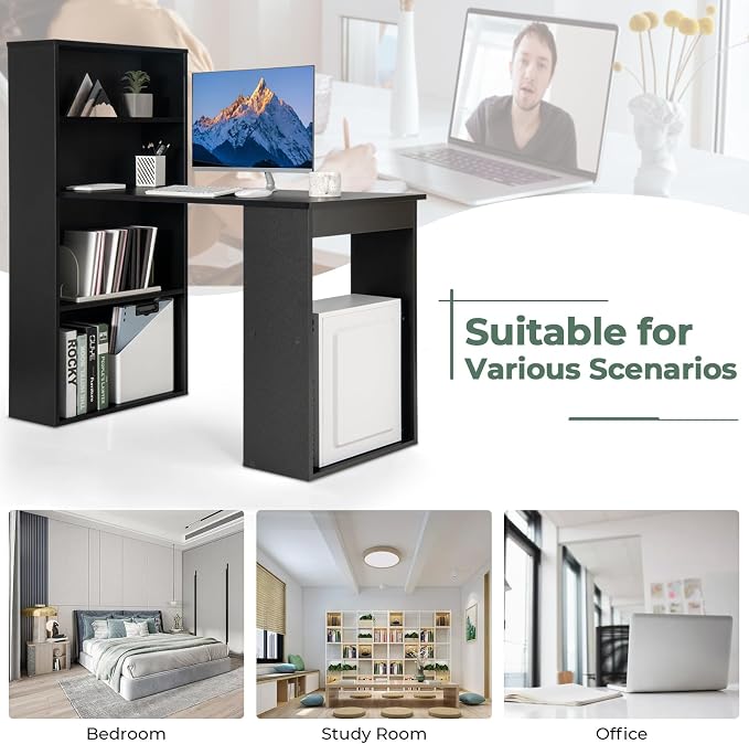 GRAFFY Computer Desk with 6 Storage Shelves - 48" Reversible Writing Desk Workstation with Bookshelf and CPU Stand, Modern Compact Office Desk for Bedroom, Study, Home, Office (Black) - Image 7