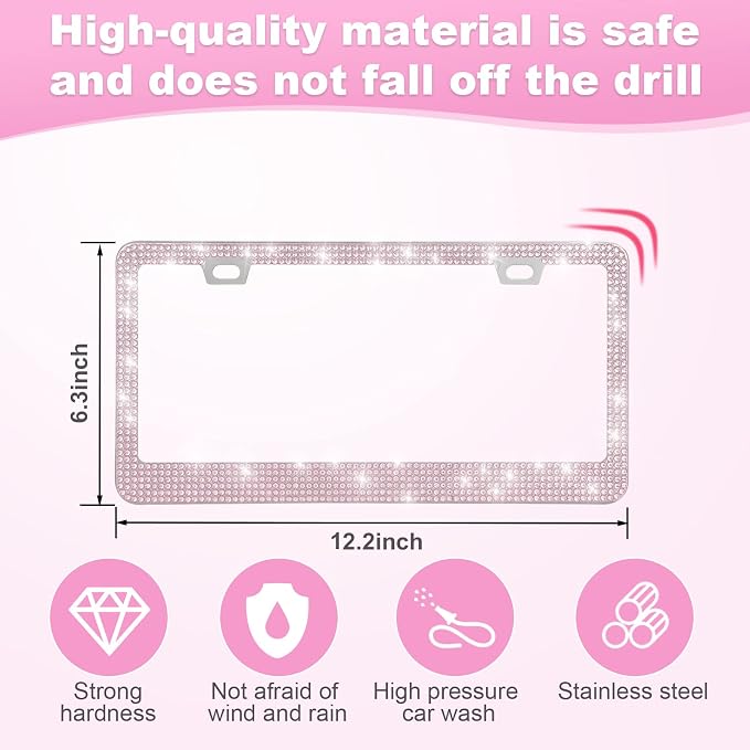 QUANQIUFEI 2 Pack Bling License Plate Frames for Women, Sparkly Rhinestone Diamond Car Accessories with Glitter Crystal Caps (Pink) - Image 4