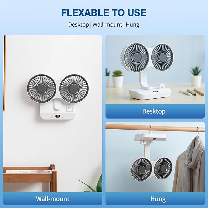 Morelax Dual Head Desk Fan with LED Light, USB Rechargeable Portable Mini Fan, Quiet Desktop & Wall-Mounted Fan, Multi-Angle Rotation, 4 Speeds, for Bedroom, Home, Office, Camping - Image 5
