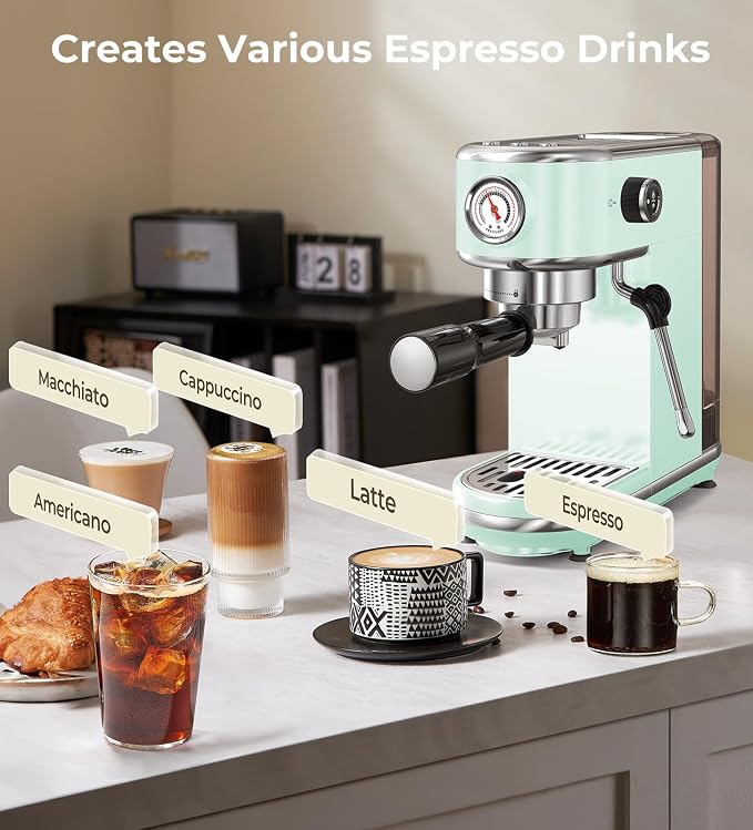 atatix 20 Bar Espresso Machine with Milk Frother, Compact Espresso Maker | Stainless Steel Coffee Machine with Precise Temp Control & 44oz Removable Water Tank for Latte, Cappuccino, Light Green - Image 2