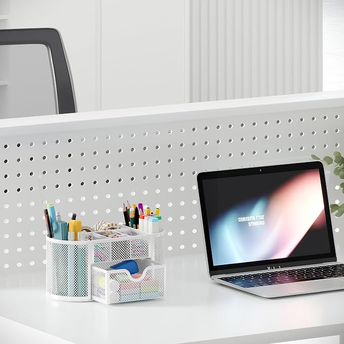 EasyPAG Mesh Pen Holder Desk Organizer with Drawer Stationery Supplies Organizer for Dorm School 9 Compartments Workspace Desk Accessories Organization for Office, White - Image 6