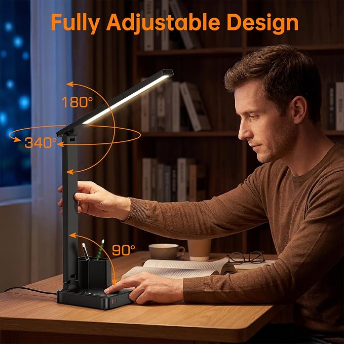 cozoo LED Desk Lamps for Home Office, Modern Dimmable Eye Cariing Desk Light with USB Charging Ports AC Outlet, Pen Holder,Touch/Memory/Timer, Kids Small Table Lamp for Reading, Bedroom, Study, Craft - Image 6