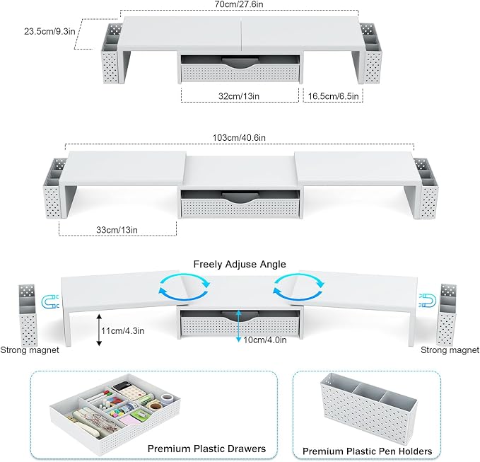 Spacrea Metal Desk Organizers and Accessories, Dual Monitor Stand Riser with Drawer and 2 Pen Holders, Desk Accessories & Workspace Desktop Organizers for Office Supplies (White) - Image 5