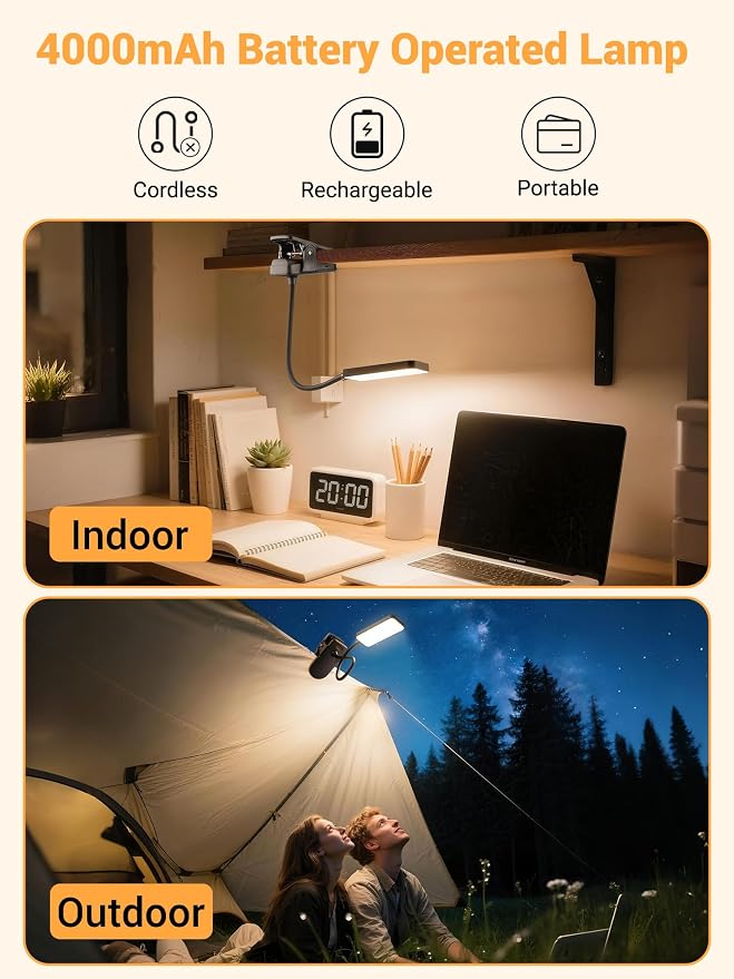 Clip on Light,9 Brightness+5 Color Rechargeable Lamp,48 LED Small Desk Lamp | 4000mAh Battery Powered Lamp,450 Lumen Clamp Light, Wireless & Cordless Book Reading Light for Bed/Bedside Table/Bedroom/Dorm - Image 3