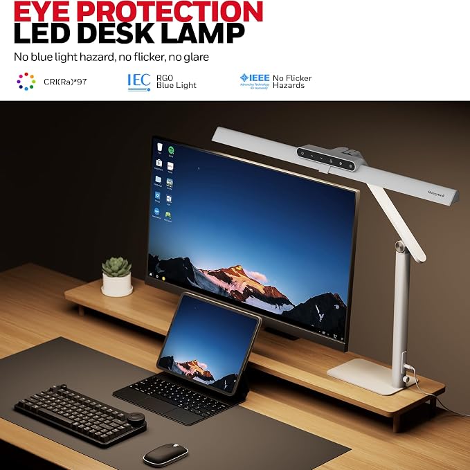 Honeywell LED Desk Lamp with Base - HJ1WT Sunturalux Eye-Caring Architect Desk Lamp for Home Office, 1200LM Computer Desk Light 4 Color Modes Stepless Dimming Task Desk Light with Timer Function White - Image 2