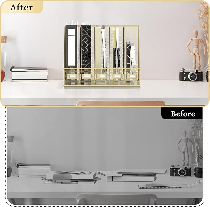 SUPEASY Desk Organizers Metal Desk Magazine File Holder with 5 Vertical Compartments Rack File Organizer for Office Desktop, Classroom, Home Workspace, Golden Yellow, Plus - Image 5