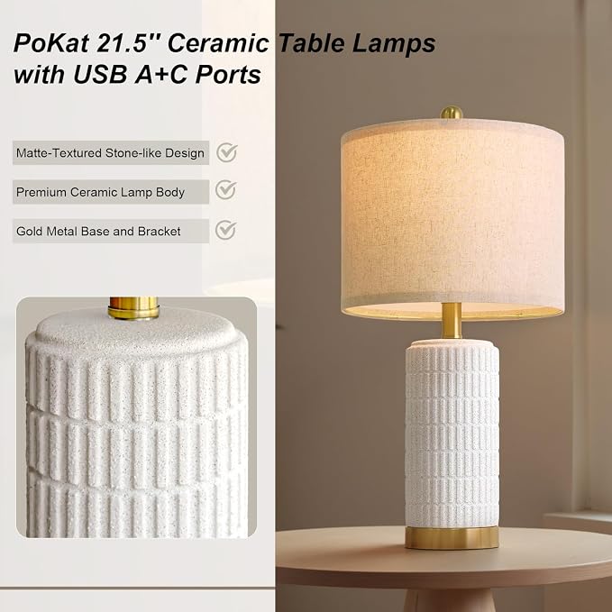 PoKat 21.5'' Stone-Like Bedside Table Lamps Set of 2 for Bedroom with 2 USB A+C, Modern Lamps for Living Room, Ceramic Nightstand Desk Lamps with Charging Ports Office Dorm Sideboard (Frosted White) - Image 4