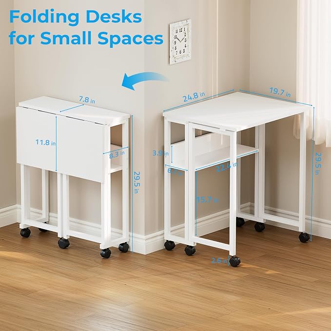 GreenForest Folding Desk with Wheels, 24.8" Rolling Table for Small Spaces | Storage Shelf, Lockable Casters, Compact Portable Workstation, Space-Saving Foldable Sofa Table, Home Office, Mobile, White - Image 3
