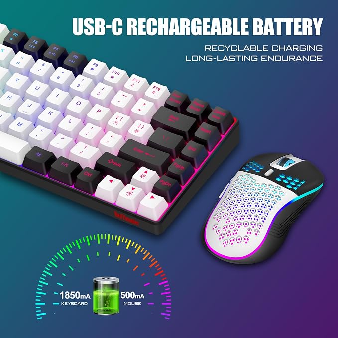 RedThunder K84 Wireless Keyboard and Mouse Combo, LED Rainbow Backlit Rechargeable Battery, 75% Layout TKL Ultra Compact Gaming Keyboard & Lightweight 3200 DPI Honeycomb Optical Mouse (White-Black) - Image 3