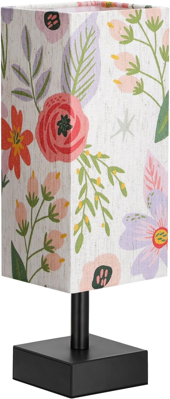 aooshine Small Bedside Table Lamp for Bedroom - Square Floral Fabric Shade | Inline Rocker Switch, Corded Electric, Bulb Not Included, 12.8" Mini Table Lamp for Nightstand, Desk, Dorm, Office - Image 7