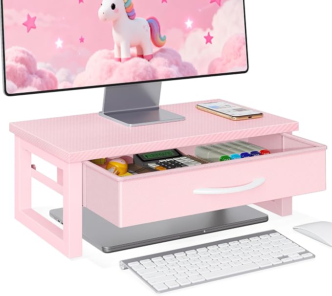 Desk Organizers and Accessories, Computer Monitor Stand Riser with Fabric Drawer, 2-Tier Laptop Stand for Desk, Office Organization Accessories, Pink by Unknown