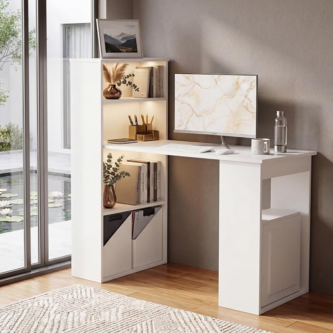Tangkula White Computer Desk with Bookshelf, Writing Study Desk with Storage Shelves & CPU Stand, Modern Compact Computer Workstation for Home & Office, Space-Saving Design | Modern Compact Workstation w/Bookshelf Storage & CPU Stand, Space-Saving Desi... - Image 8