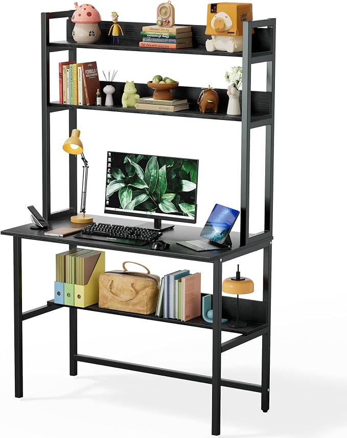 Aquzee Computer Desk with Hutch, 40“W x 19.6" D Desk with Shelves, Tall Home Office Desk with Bookshelf, Metal Legs Study Table with Upper Storage Shelf for Study Writing/Workstation, Black by Aquzee