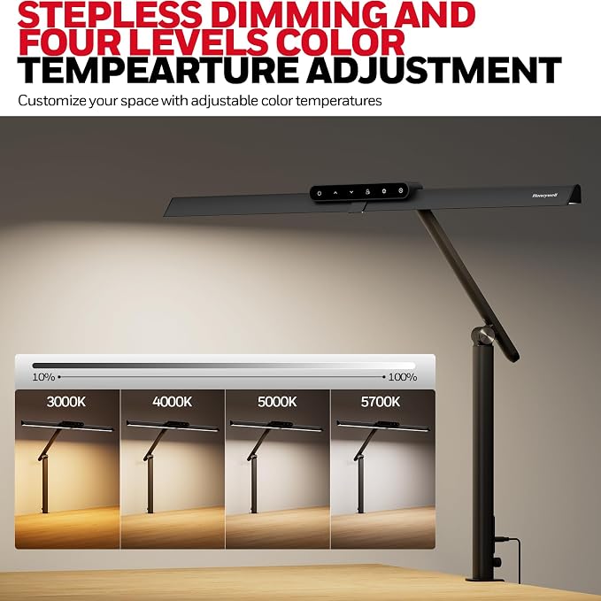 Honeywell HJ1 Sunturalux LED Clamp Desk Lamp 1200LM for Home Office | CRI≥97, 3000K-5700K, Low Blue Light, Flicker-Free, Dimmable Task Desk Light for Computer, Black - Image 3